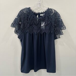 Sabrina Lauren Size 1X Navy Blue Short Flutter Sleeve Crochet Yoke Blouse NEW